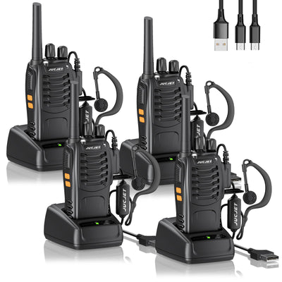 JUCJET 88E Walkie Talkie,Lizenzfrei PMR446 16 Kanäle Funkgeräte,2W Funkempfang 16 Kanäle 3-5 Meile Reichweite Sprechfunkgerä,Mit USB-Ladestation und Headset, (Schwarz, 4 Stück)