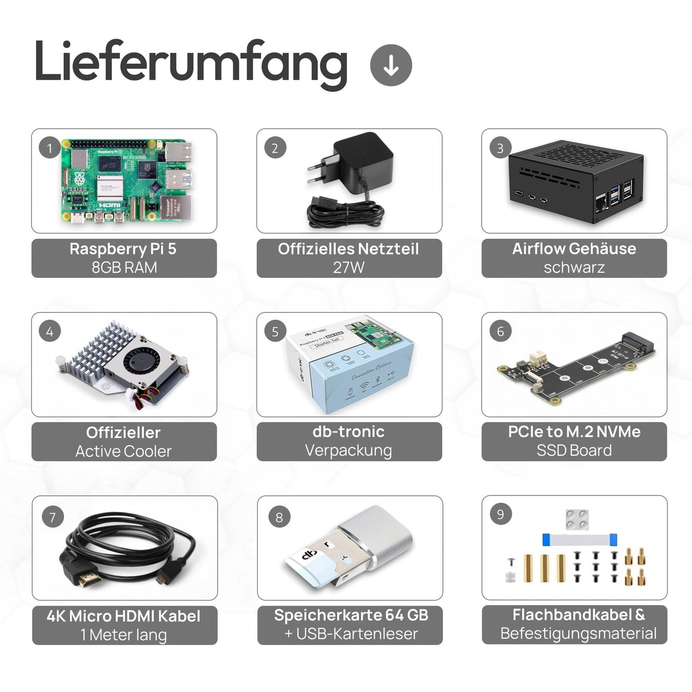 Raspberry Pi 5 8GB PCIe M.2 NVMe - Set | Metallgehäuse | Active Cooler | M.2 NVMe SSD PCIe Board | Offizielles USB-C 27W Netzteil | 64GB SD Karte | 4K Micro HDMI