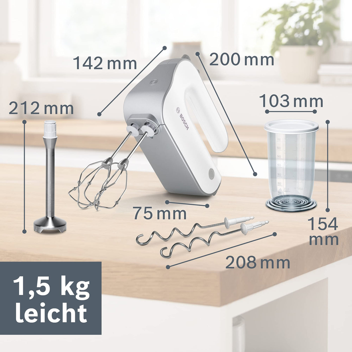 Bosch Handrührer Styline MFQ4075DE, 2 Rührbesen, 2 Edelstahl-Knethaken, spülmaschinengeeignet, Pürierstab, Mixbecher, 5 Stufen plus Turbostufe, 550 W, weiß/silber