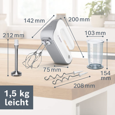 Bosch Handrührer Styline MFQ4075DE, 2 Rührbesen, 2 Edelstahl-Knethaken, spülmaschinengeeignet, Pürierstab, Mixbecher, 5 Stufen plus Turbostufe, 550 W, weiß/silber
