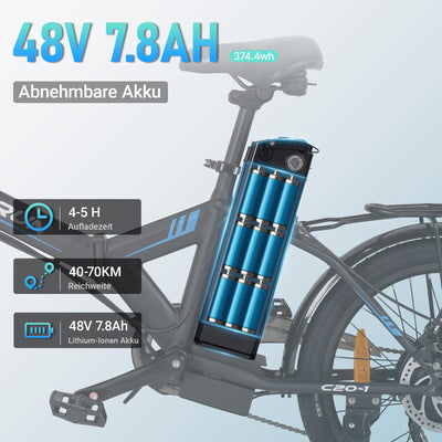 AOIHO E Bike, 20" EBike Klapprad mit 48V 374.4 Wh Lithium-Akku, Reichweite Max 70KM, Elektrofahrräder 250W Motor, 5 Fahrmodi, City E Fahrrad Herren Damen mit 7 Gängen EU-Konformes Klapprad E-Bike