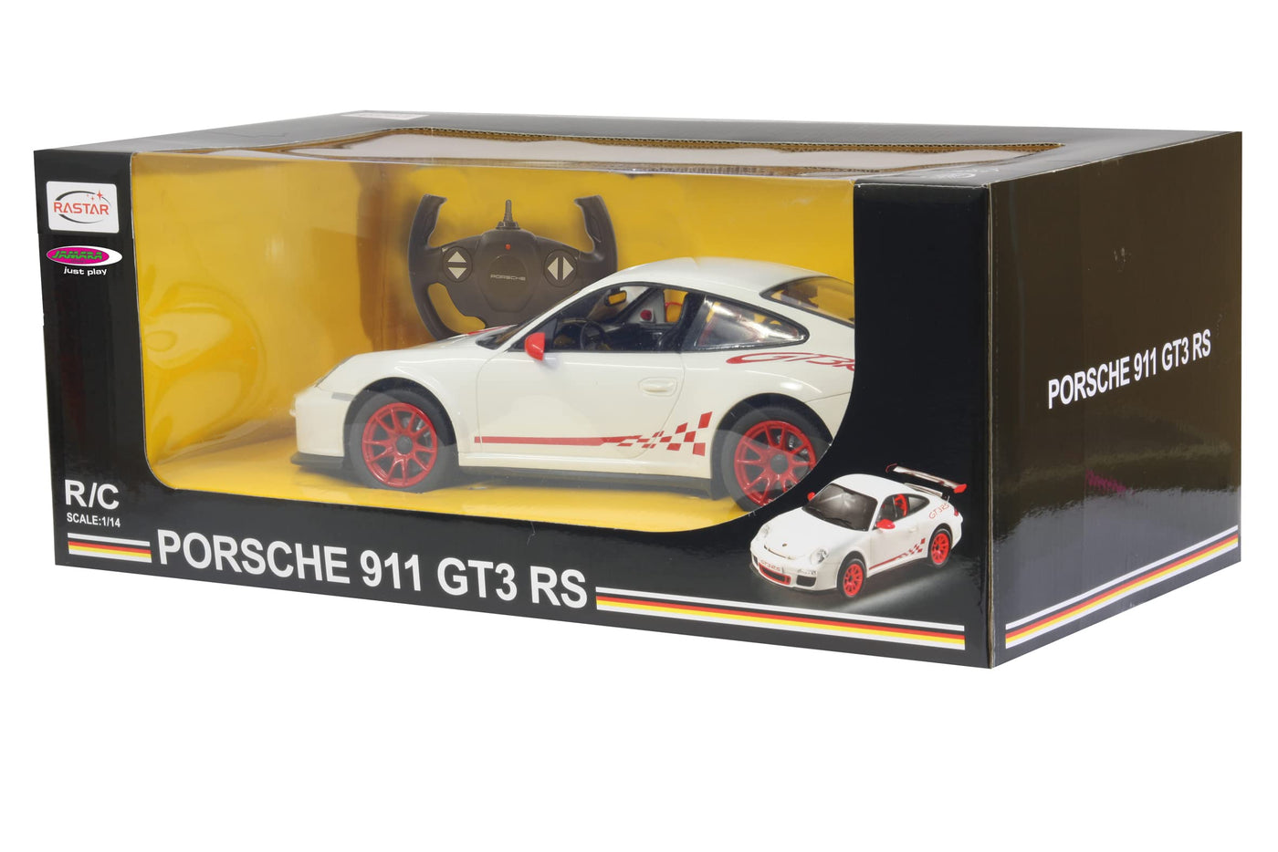 JAMARA Porsche GT3 RS 1:14 Weiss 2,4GHz - offiziell lizenziert, bis 1 Std. Fahrzeit bei 11 Km/h, LED, Perfekt nachgebildete Details, detaillierter Innenraum,hochwertige Verarbeitung