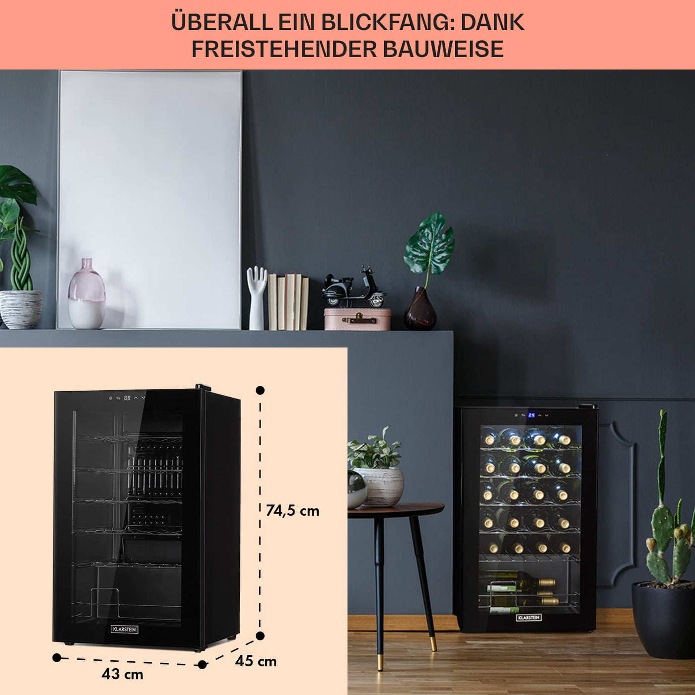 Klarstein Weinkühlschrank, 1 Zonen Getränkekühlschrank Klein, Kleiner Weinschrank 63L, Wein-Kühlschrank Klein mit Glastür, Indoor/Outdoor Flaschenkühlschrank, Wine Fridge 5-18°C, 24 Flaschen