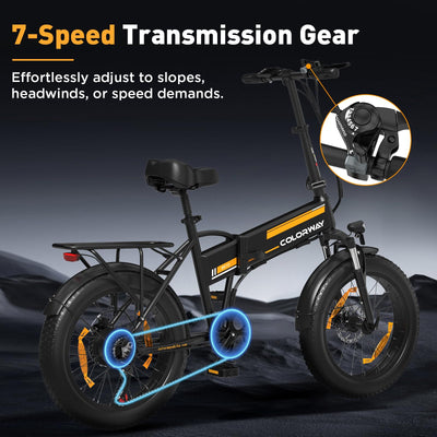 COLORWAY BK10 Elektrofahrrad Klappfahrrad 20×4.0 Zoll Breitreifen Fatbike, 250W Motor, 36V 12Ah Akku,7-Gang, Pedelec Klapprad für Damen Herren, Faltbares E-Bike für Stadt & Gelände