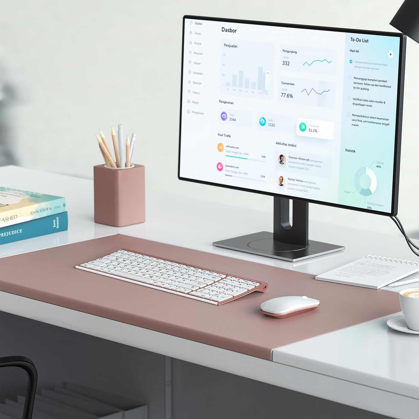 seenda Tastatur Maus Set Kabellos, Wiederaufladbare Aluminium Tastatur mit kompaktes Design, Ultradünne und Leise Funktastatur mit Maus für PC/Laptop/Smart TV, 1200 DPI, QWERTZ Layout, Weiß&Rosagold