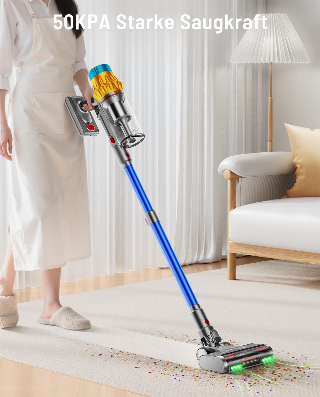 AIDTIPS Akku Staubsauger, 50KPA/600W/70Mins Staubsauger Kabellos mit Selbststehend, 1,8L Großer Staubbecher, Anti-Tangle-Bürste, 8-stufiges Filtersystem Grünes Licht für Hartböden Teppiche Tierhaare