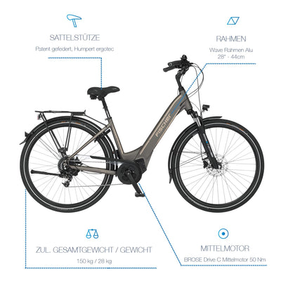Fischer E-Bike City, CITA 6.0i Elektrofahrrad für Damen und Herren, RH 44 cm, Mittelmotor 50 Nm, 36 V Akku im Rahmen, Platingrau matt, 28 Zoll