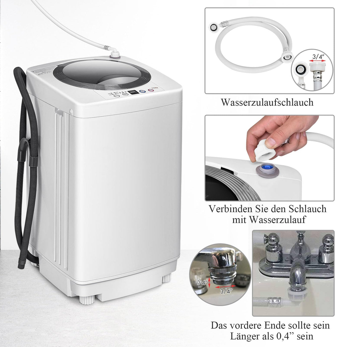 RELAX4LIFE Vollautomatische Waschmaschine 3,5 kg, Waschvollautomat mit Pump & Display, Toplader Miniwaschmaschine mit Schleuder & 6 Wasche-Modelle, 240W, für Camping & Wohnmobil, 43 x 43 x 75cm, Weiß
