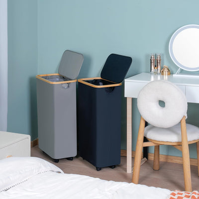efluky 75L Wäschekorb mit Rollen, Schlanker Wäschekorb mit Deckel, Grau Faltbare Wäschebehälter mit Bambusgriffen und abnehmbarem Beutel für Schlafzimmer, Bad, Waschküche