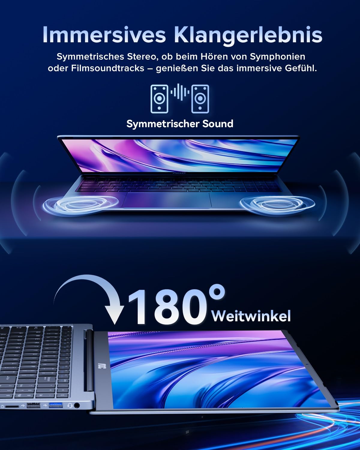 AOC Laptop,Alder Lake N97,Up to 3.6GHz,16 GB DDR4,512 GB SSD(Unterstützt Erweiterung 2 TB),Büro Notebook Computer,Metall gehäuse,180°-Faltung,HDMI,WiFi