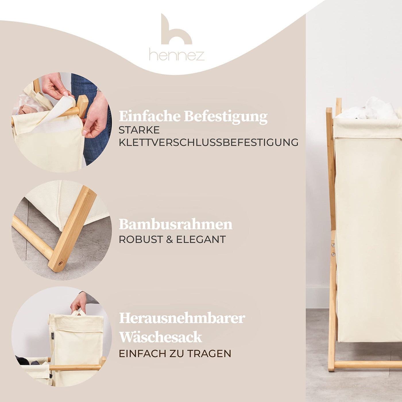 Hennez Wäschesammler XXL - Wäschekorb 3 Fächer - Wäschesortierer Wäschebox - Holz - Wäschetrenner Beige - Wäsche Sortiersystem Bambus - Wäschkorb - Laundry Basket