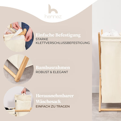 Hennez Wäschesammler XXL - Wäschekorb 3 Fächer - Wäschesortierer Wäschebox - Holz - Wäschetrenner Beige - Wäsche Sortiersystem Bambus - Wäschkorb - Laundry Basket