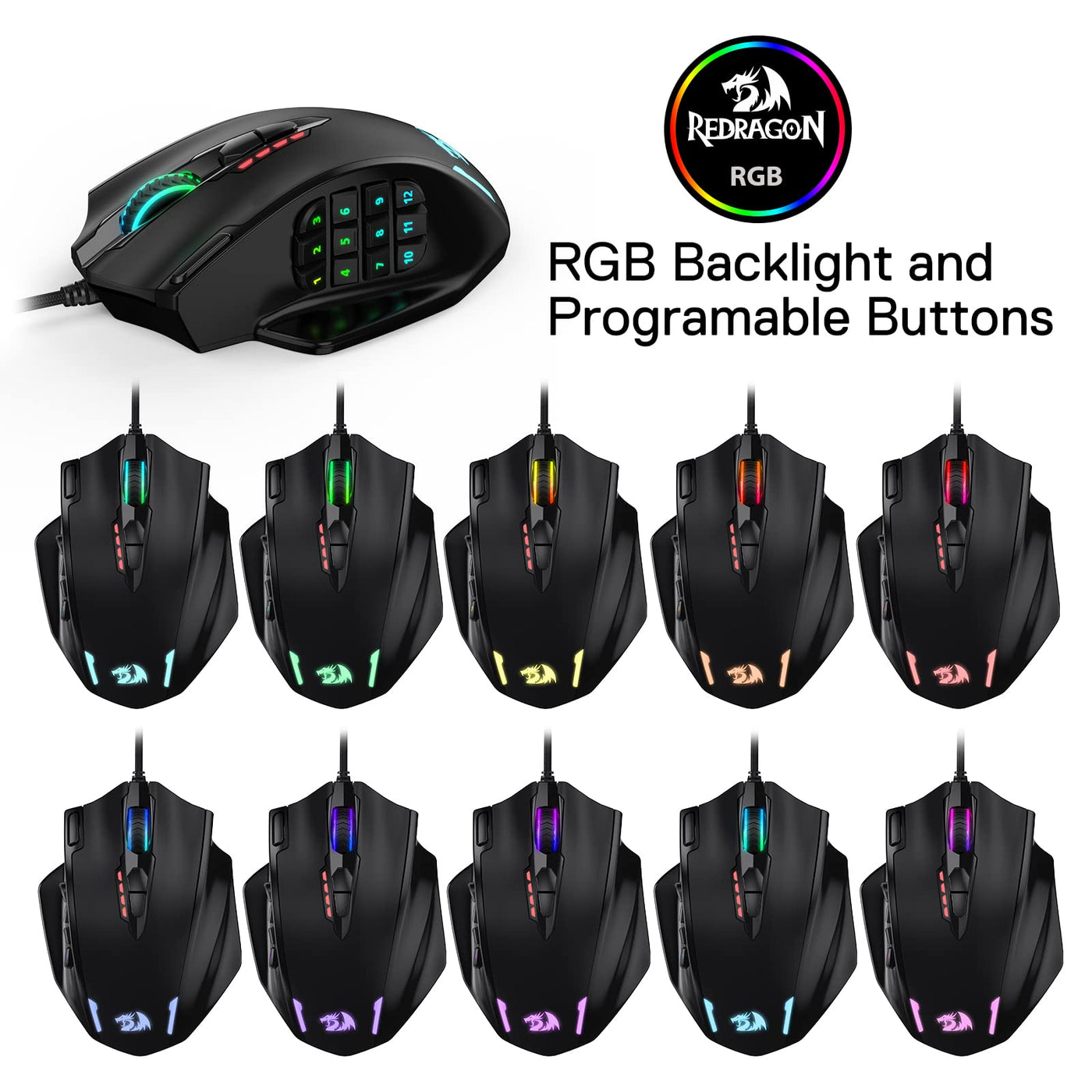 Redragon M908 Impact RGB LED MMO Maus mit Seitentasten, optische kabelgebundene Gaming-Maus mit 12.400DPI, hohe Präzision, 20 programmierbare Maustasten
