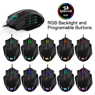 Redragon M908 Impact RGB LED MMO Maus mit Seitentasten, optische kabelgebundene Gaming-Maus mit 12.400DPI, hohe Präzision, 20 programmierbare Maustasten
