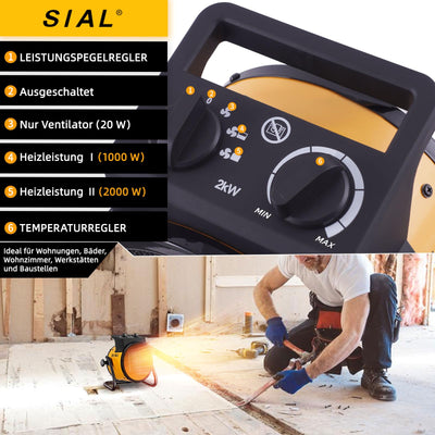 SIAL 2000 W Heizlüfter - Elektroheizer - Keramik Heizstrahler - Bauheizer Bautrockner - Heizgerät mit Überhitzungsschutz - Für Baustellen, Häuser, Werkstätten, Garagen - P2 - Gelb