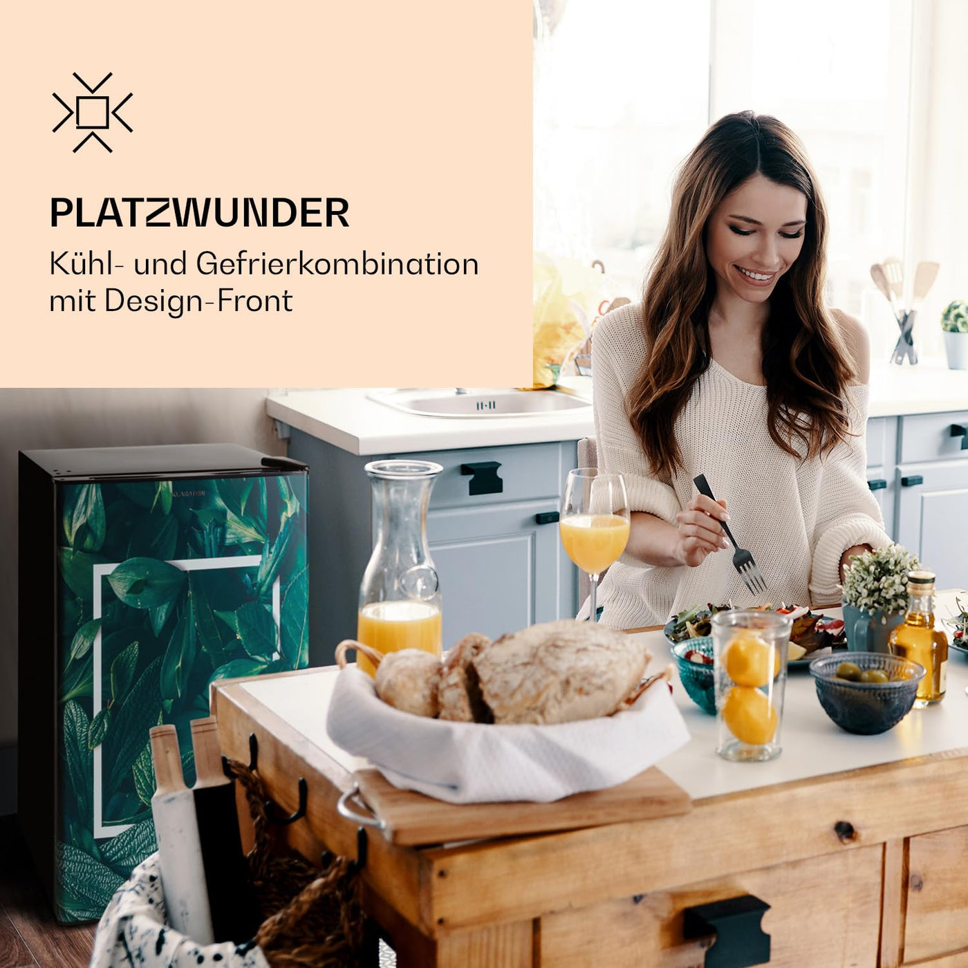 Klarstein CoolArt Kühl-Gefrier-Kombination - Kühlschrank mit 2 Kühl-Ebenen, Design-Front, Thermostat mit 5 Stufen, 0 bis 10 °C, Fassungsvermögen: 79 Liter, Motiv: Wald