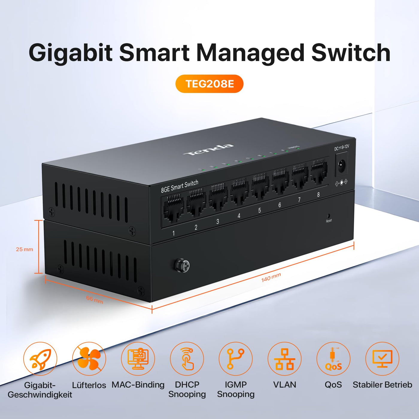 Tenda TEG208E Managed Switch 8 Port Gigabit Netzwerk Switch (IGMP-Snooping, QoS, VLAN, DHCP- Snooping, LAG, MAC Address Binding, Lüfterlos, Energieeffizient, Metall) LAN Verteiler LAN Splitter