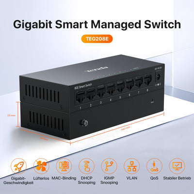 Tenda TEG208E Managed Switch 8 Port Gigabit Netzwerk Switch (IGMP-Snooping, QoS, VLAN, DHCP- Snooping, LAG, MAC Address Binding, Lüfterlos, Energieeffizient, Metall) LAN Verteiler LAN Splitter