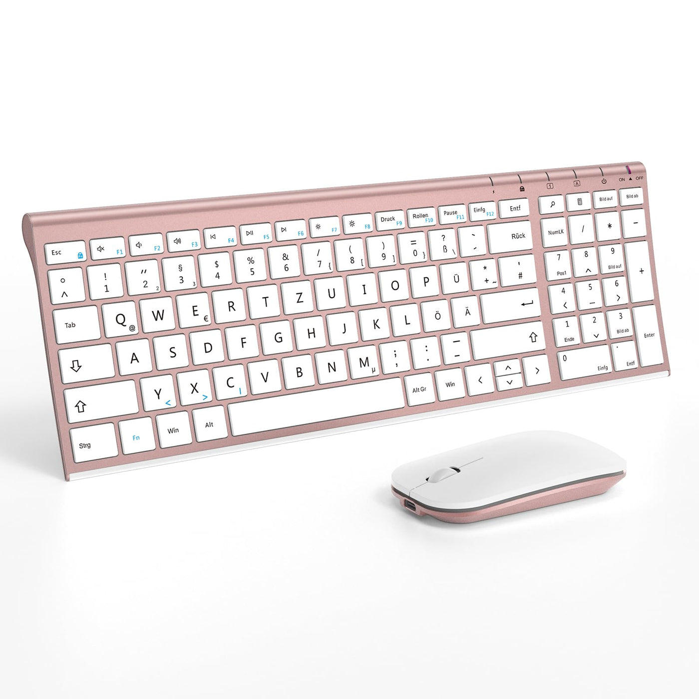 seenda Tastatur Maus Set Kabellos, Wiederaufladbare Aluminium Tastatur mit kompaktes Design, Ultradünne und Leise Funktastatur mit Maus für PC/Laptop/Smart TV, 1200 DPI, QWERTZ Layout, Weiß&Rosagold
