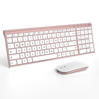 seenda Tastatur Maus Set Kabellos, Wiederaufladbare Aluminium Tastatur mit kompaktes Design, Ultradünne und Leise Funktastatur mit Maus für PC/Laptop/Smart TV, 1200 DPI, QWERTZ Layout, Weiß&Rosagold