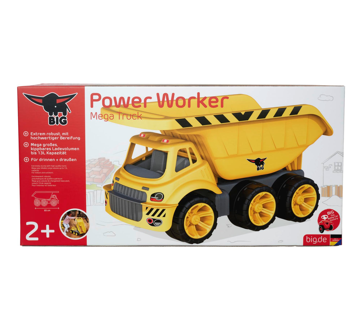 BIG Power Worker Mega Kipper (65 cm) - XXL Kipplaster mit großer Kippmulde (Platz für 12,8 l Ladung) und 6 Reifen für drinnen & draußen, Baustellenfahrzeug für Kinder ab 2 Jahre, gelb