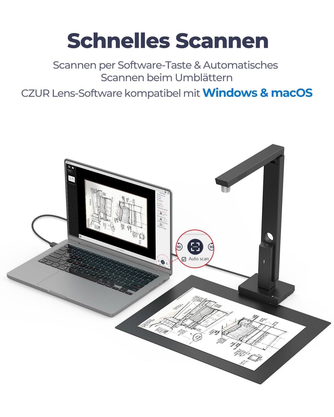 CZUR 8MP USB-Dokumentenkamera und Visualizer, A4 Dokumentenscanner tragbarer Scanner, für Lehr- und Klassenzimmer, Home-Office, kompatibel mit Windows, macOS (Lens800)