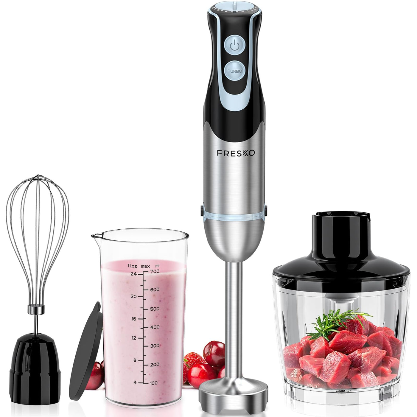 FRESKO 4-in-1 Stabmixer Edelstahl, 1000W Pürierstab mit 12 Geschwindigkeiten und Turbo-Modi, Inklusive Schneebesen, 500ml Lebensmittelhacker und 700ml Messbecher, für Babynahrung, Suppe, Smoothies