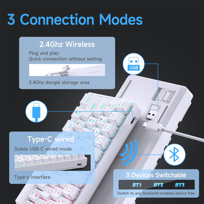 TMKB T63 Gaming Tastatur Mechanische Kabellos mit Blue Switch,Bluetooth / 2.4G / Mit Kabel,weiße