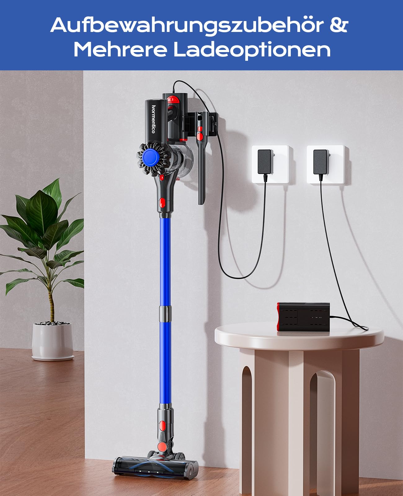Ivormentico Akku Staubsauger Kabellos 50Mins/40KPA/450W, Akkustaubsauger mit Geen LED, Kabelloser Staubsauger mit Aufgerüstete Bodenbürste, Staubsauger Akku für Tierhaare, Blau
