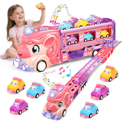 RoserRose Autotransporter Spielzeug ab 2 3 4 5 Jahre Mädchen, Einhorn Transport Truck Autotransporter mit Licht Musik und Rennbahn, LKW mit Autos Spielzeug Kinderspielzeug ab 2 Jahre Mädchen Geschenk
