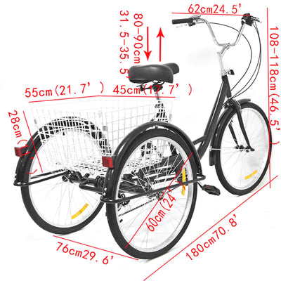 Chynalys 24'' 8 Gang Dreirad für Erwachsene, Cruiser Fahrräder Lasten-Dreirad Trike Bike mit Bsaket, Hochkohlenstoffstahl Erwachsenen-Dreirad für Outdoor, verstellbar (24 Zoll, schwarz)