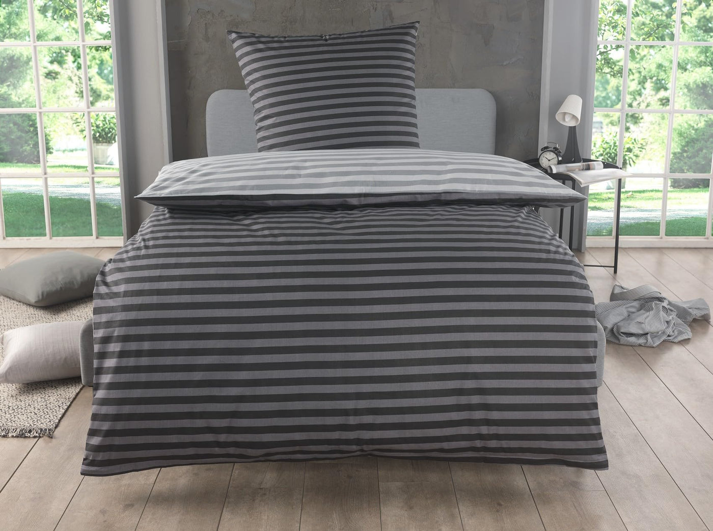 MALIKA Bettwäsche 135x200 Baumwolle, 2-teiliges Set, Streifenmuster, Wende Bettbezug 135 x 200 cm, Kissenbezug 80x80 cm, Renforcé, atmungsaktiv, maschinenwaschbar, Grau