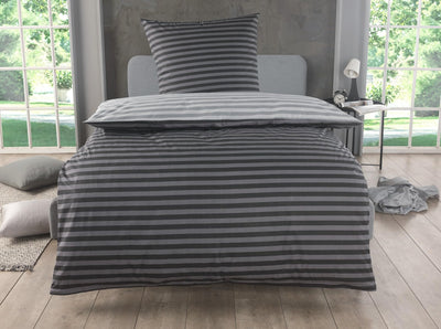 MALIKA Bettwäsche 135x200 Baumwolle, 2-teiliges Set, Streifenmuster, Wende Bettbezug 135 x 200 cm, Kissenbezug 80x80 cm, Renforcé, atmungsaktiv, maschinenwaschbar, Grau