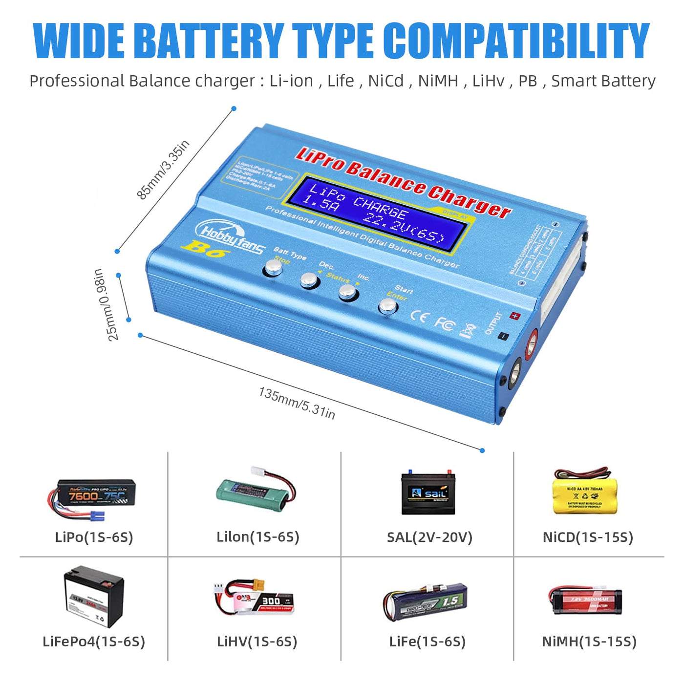 Hobby Fans B6 Balance Ladegerät 80W 6A LCD für LiPo Li-Ion Life Akku (1-6S) NiMH NiCd (1-15S), RC Hobby Akku LED AC Power Adapter