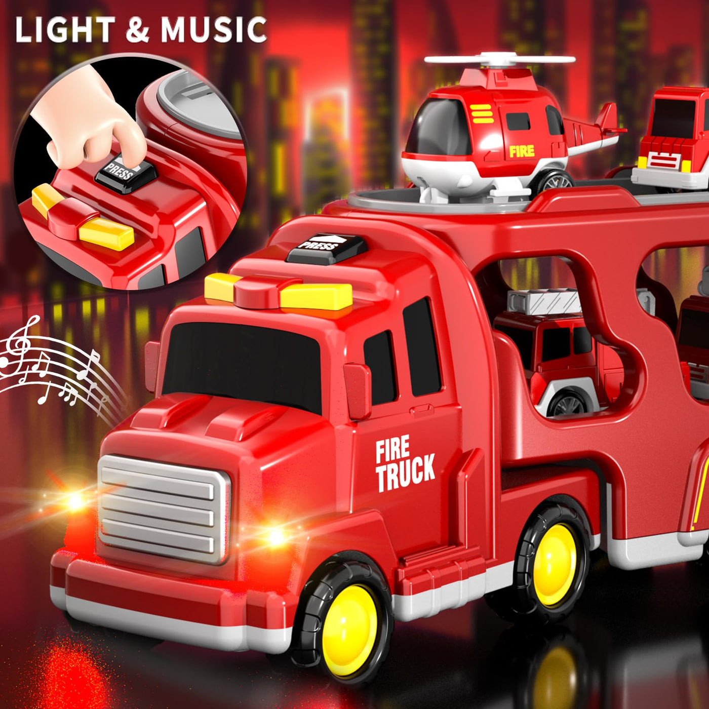 5-in-1 Feuerwehr LKW Spielzeug für Kinder, Reibungsbetriebene Transporter mit 4 Feuerwehrfahrzeugen, Spielzeug ab 1 2 3 Jahren für Jungen und Mädchen mit Lichtern und Geräuschen für Kleinkind 4 5 6