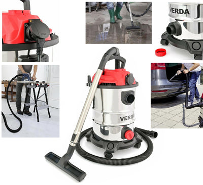 Verda Nass- und Trockensauger 1650W Industriesauger + Steckdose + Wasserablass + Blasfunktion Aschesauger für Kamin und Pelletofen 25 Liter Metallbehälter Edelstahltank [SN196]