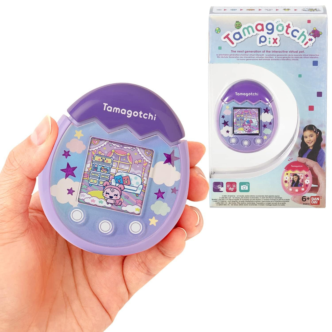 Bandai - Tamagotchi - Tamagotchi PIX - Lila Himmel - virtuelles elektronisches Haustier mit Farbdisplay, Touch-Schaltflächen, Spiele und Kamera - 42912
