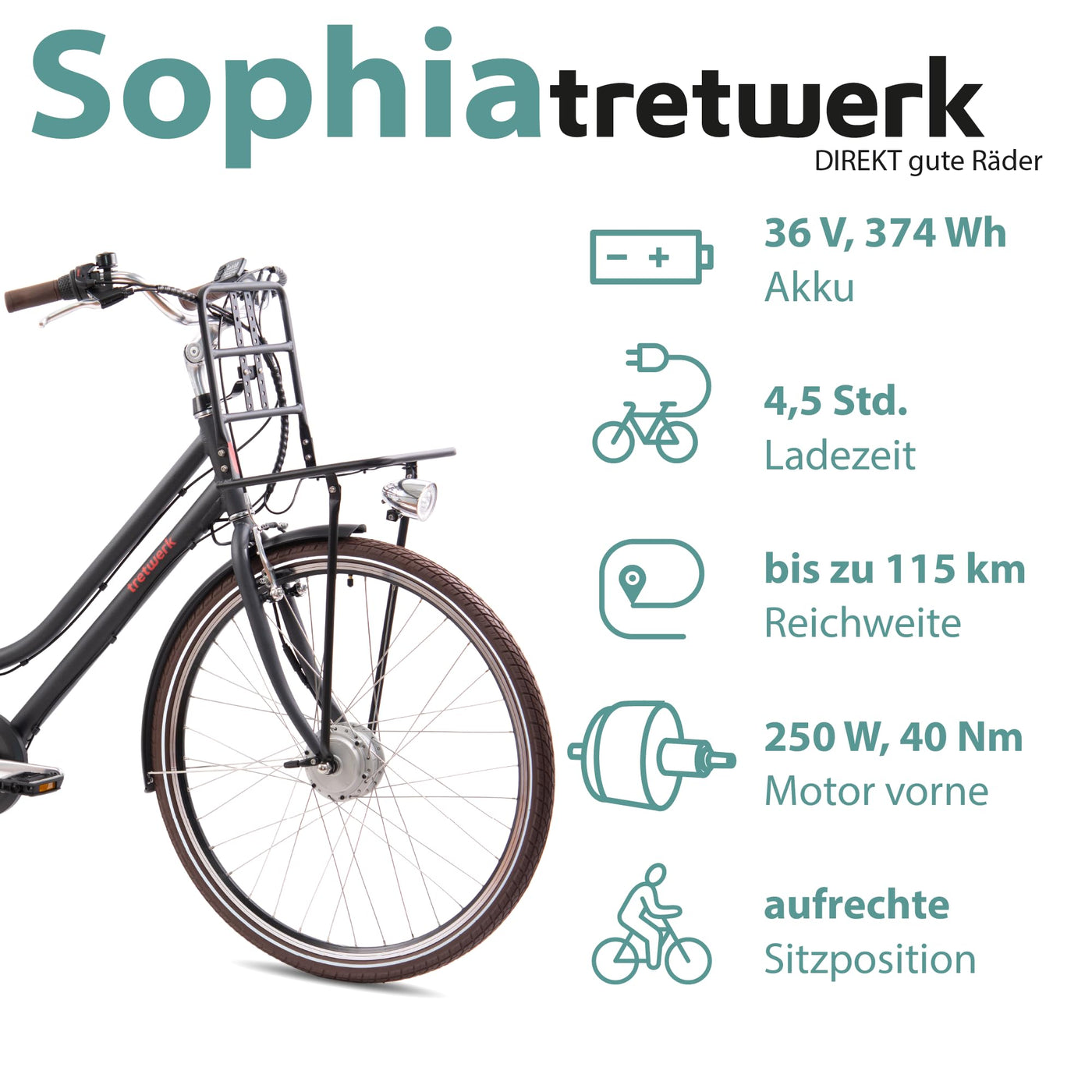 TRETWERK - 28 Zoll E-Bike Damen Pedelec - Sophia schwarz - E-Citybike Damenfahrrad mit 3 Gang Shimano Nexus Nabenschaltung - Elektrofahrrad mit Frontmotor 250W, 36V