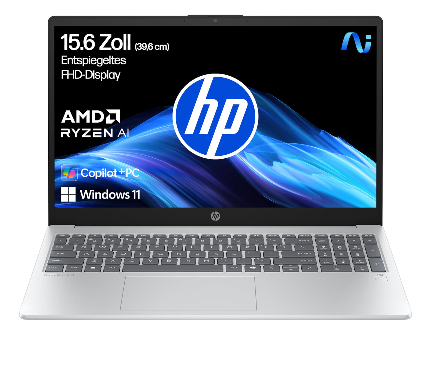 HP OmniBook 3 Next Gen AI PC 15-fn0523ng | Copilot+ PC | 15.6 Zoll FHD Display (1920 x 1080) | AMD Ryzen AI 5 330 (50 NPU-Tops) | 16GB RAM | 512GB SSD | QWERTZ Tastatur | Windows 11 Home | Silber