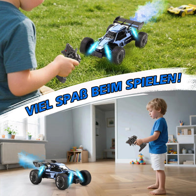 BuzzoXerex 1:18 Ferngesteuertes Auto, 2.4GHz RC Offroad Auto, 2WD 15KM/H RC Buggy mit Sprühfunktion LED-Leuchten, 60 Min Spielzeit, Spielzeugauto Geschenk für Kinder ab 6 7 8 Jahre (Blau)