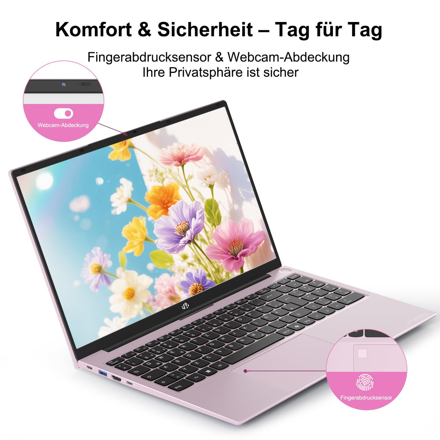NIMO 15.6" Laptop FHD Computer Rosegold: 16GB RAM, 1TB SSD, Win 11 Home, Intel N100 bis 3,4GHz, WLAN-Konnektivität, Fingerabdruck, 65W PD, Hintergrundbeleuchtete Tastatur, Leicht & Stylisch