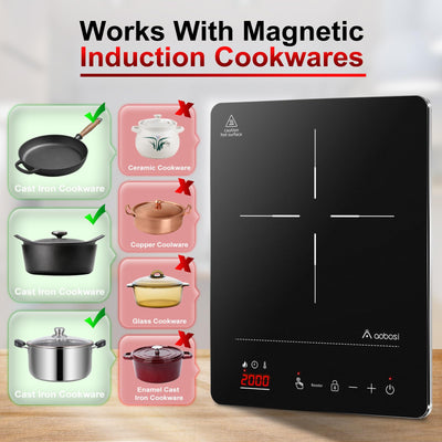 Aobosi Induktionskochplatte,Induktionskochfeld 1 Platte, 10 Leistungsstufen und 10 Temperaturstufen,Kompakte Größe,2000W Tragbares Induktionskochfeld,LED Display,3H-Timer,Booster-Funktion