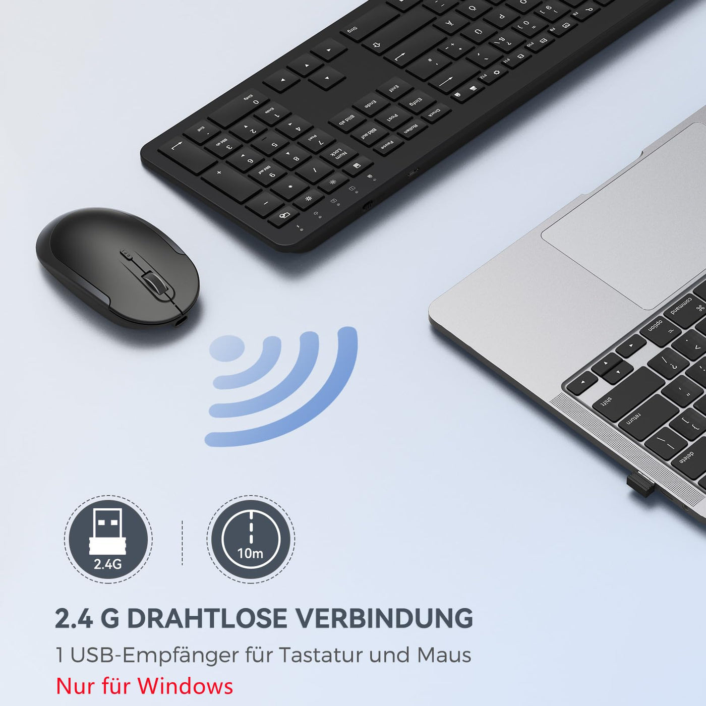 Tastatur Maus Set Kabellos, seenda Ultra-Dünne Wiederaufladbare Funk Tastatur Maus Set, Ergonomische Tastatur Kabellos mit Silikon Staubschutz für PC/Laptop/Smart TV, DE QWERTZ Layout, Schwarz
