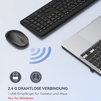 Tastatur Maus Set Kabellos, seenda Ultra-Dünne Wiederaufladbare Funk Tastatur Maus Set, Ergonomische Tastatur Kabellos mit Silikon Staubschutz für PC/Laptop/Smart TV, DE QWERTZ Layout, Schwarz