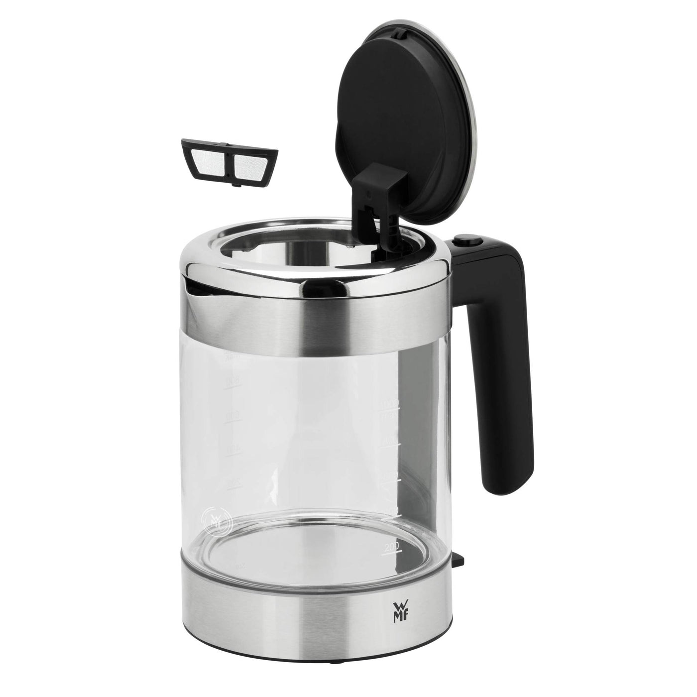 WMF Küchenminis Wasserkocher Glas 1 Liter, kabelloser Wasserkocher klein, Wasserstandanzeige, Kalk-Wasserfilter, Kochstoppautomatik, 1900 Watt,