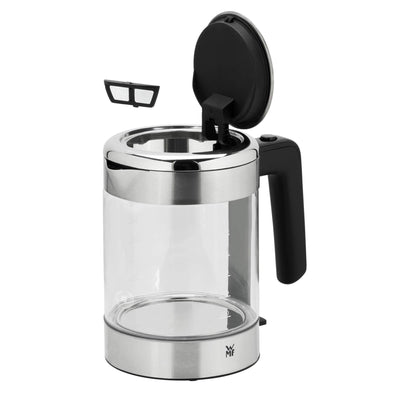 WMF Küchenminis Wasserkocher Glas 1 Liter, kabelloser Wasserkocher klein, Wasserstandanzeige, Kalk-Wasserfilter, Kochstoppautomatik, 1900 Watt,