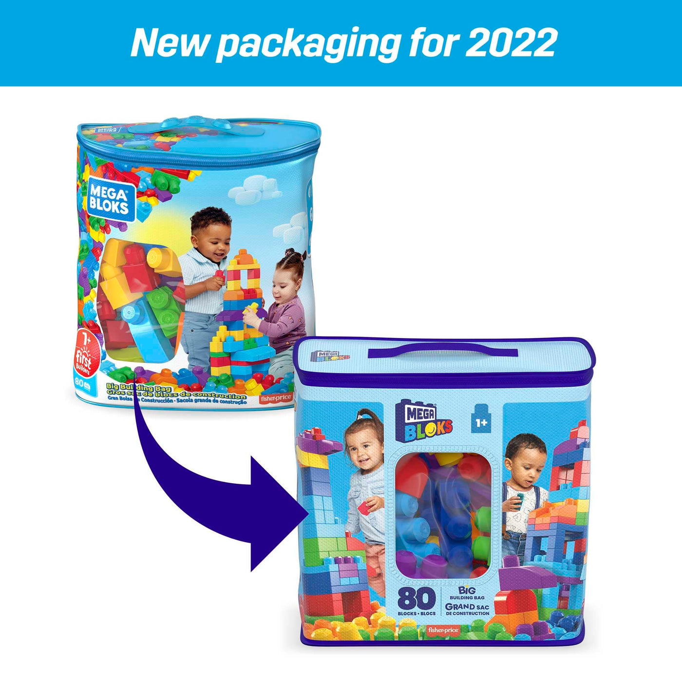 MEGA BLOKS Fisher-Price Bausteine für Kleinkinder, großer Bausteinebeutel mit 80 Teilen und Aufbewahrungsmöglichkeit, Blau, Geschenkideen für Kinder ab 1 Jahr, DCH63