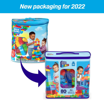 MEGA BLOKS Fisher-Price Bausteine für Kleinkinder, großer Bausteinebeutel mit 80 Teilen und Aufbewahrungsmöglichkeit, Blau, Geschenkideen für Kinder ab 1 Jahr, DCH63