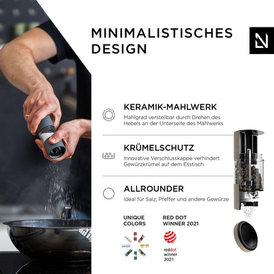 LARS NYSØM Salz und Pfeffer Mühlen Set aus Edelstahl mit einstellbarem Keramik-Mahlwerk 2 Stück I Design Gewürzmühlen Set Manuell (2er Set) (Brown/Beige)