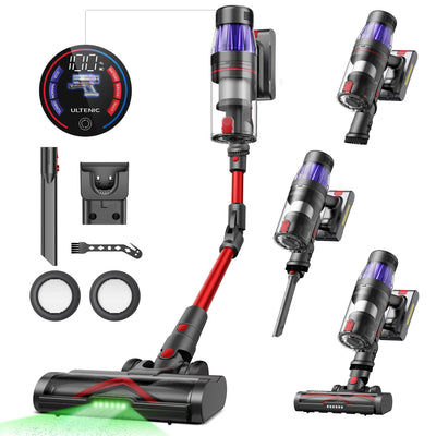 Ultenic U16 Flex Akku Staubsauger Kabellos 550W/45 Kpa, 60 Min Laufzeit Akkustaubsauger mit Touchscreen und Faltrohr, Wandmontierte Ladestation Grün Licht, Anti Tangle für Hartböden Teppich Tierhaare